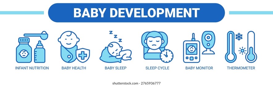 Baby Development web banner icon vector illustration concept with icons of infant nutrition, baby health, baby sleep, sleep cycle, baby monitor, and thermometer.