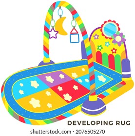 Baby deveoping rug, educational mat vector illustration. Mat with toys and educational items for playing with child. Educational toy, interior element for children. Bright rug for baby development