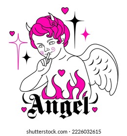 Baby devil angel y2k. Goth aesthetic print with mystical fire, flame, hearts. Vintage isolated sticker. Weird emo gothic graphic, pink and black colors, 90s, 00s love aesthetic.