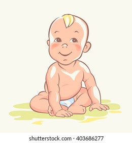 Baby in diaper. Baby-boy, little baby-girl, cute child, happy playful kid, smiling newborn is sitting, First year toddler cartoon drawing,  color image, simple flat art image