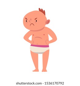 Baby in diaper is dissatisfied with something cartoon vector illustration
