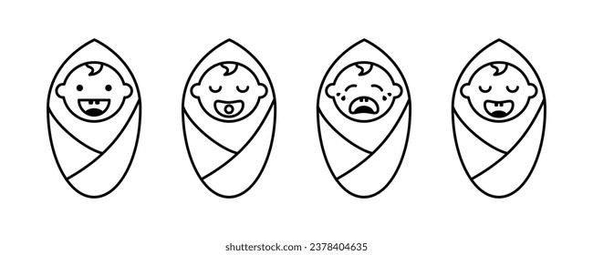 Baby in diaper with emotions icon. Cute joyful and sleepy child wrapped in cocoon with pacifier upset and crying and laughing vector enthusiastically