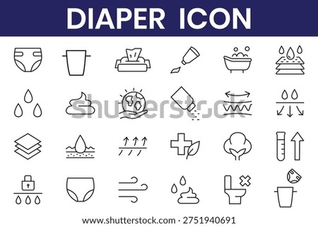 Baby diaper features vector icons set. Baby essentials linear icon set. Absorbency, leak protection, comfort fit, hygiene essentials and more.