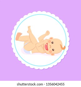 Baby in diaper with finger in mouth isolated cartoon character. Vector newborn milestones, infant lying on back, cartoon boy or girl toddler stares at face