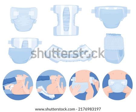 Baby diaper flat set with isolated views of infant underwear and stages of changing diaper panties vector illustration