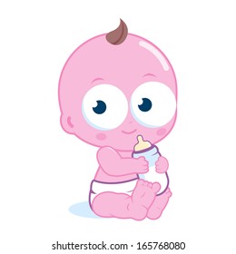 Baby in a diaper holding a milk bottle and drinking milk. Vector illustration