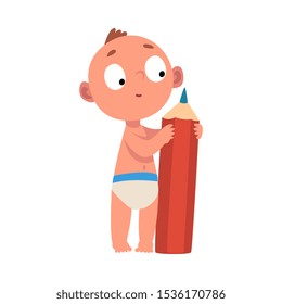 Baby in diaper holds a big pencil cartoon vector illustration