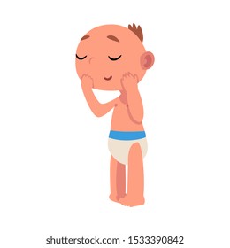 Baby in diaper holds hands in the face and closed his eyes cartoon vector illustration