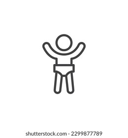 Baby in diaper line icon. linear style sign for mobile concept and web design. Baby with raised hands outline vector icon. Symbol, logo illustration. Vector graphics