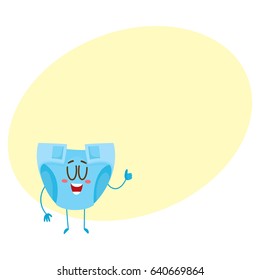 Baby diaper, nappy character with human face showing thumb up, newborn accessory, cartoon vector illustration with space for text. Baby diaper, nappy character, mascot, child care concept