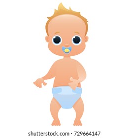 Baby in a diaper and with pacifier. Boy cute cartoon character. Vector illustration