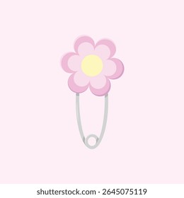 Baby diaper pin with flower for gender party. Baby shower vector illustration.