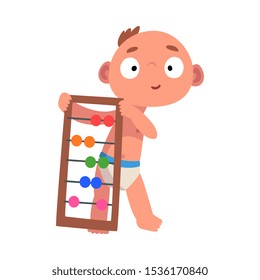 Baby in diaper plays with abacus cartoon vector illustration