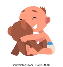 Baby in diaper plays with his toy cartoon vector illustration