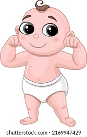 A baby in a diaper shows how strong he is. The growth of the child. Child development. Baby. First steps