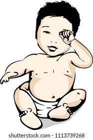 A baby in a diaper sits and rubs his eyes