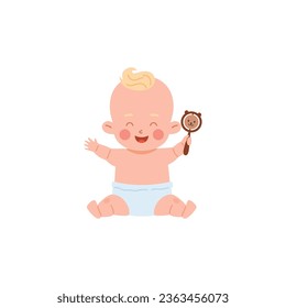 Baby in diaper sitting and playing with rattle toy flat vector illustration isolated on white background. Happy smiling child toddler plays with toys.