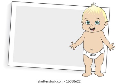 Baby in diaper standing in front of a instant camera-type print