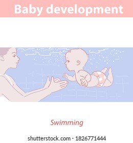 Сute baby in diaper swims in pool with mother. Baby boy or girl swims under water to mother hands.  Early child development.  Health, growth, development in first moths. Color vector illustration.