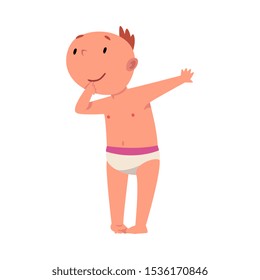 Baby in diaper thinking with outstretched arm cartoon vector illustration