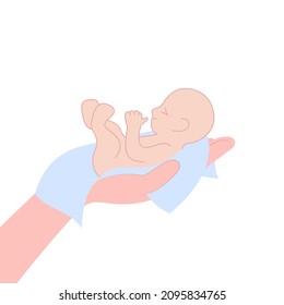 baby and diaper in a woman's hand. happy cute sleeping newborn. concept of medical care, child insurance, babyshower card congratulations. simple minimal design sign on white background