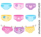 Baby diapers in blue, yellow, purple and pink colors. Vector collection