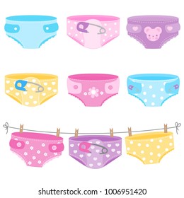 Baby Diapers In Blue, Yellow, Purple And Pink Colors. Vector Collection