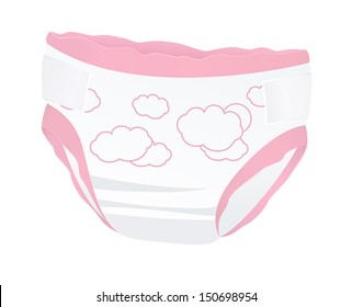 Baby diapers for girl (pink color) with funny picture (clouds). Isolated vector illustration on white background