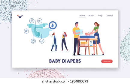 Baby Diapers Landing Page Template. Couple of Parents Stand at Child Table Swaddle and Change Diapers to Newborn Baby. Parenting, Family Characters Swaddling Child. Cartoon People Vector Illustration
