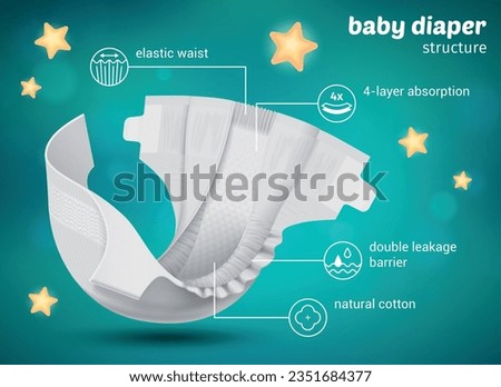 Baby diapers structure advertisement poster color background with stars and bokeh realistic vector illustration