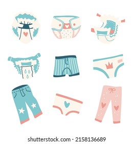 Baby diapers and underwear set. Vector hand drawn baby clothes. Potty training concept.