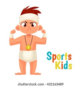 baby diapers winner cartoon comic vector illustration isolated on white background baby in diapers won and won first place, man's strength and courage, strong face the winner