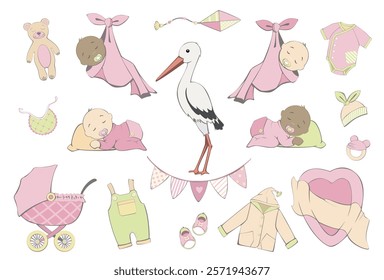 Baby, different races, stork, bed, stroller, clothes, bodysuit, shoes, garland, kite, accessories, toys. Vector set, for a newborn, pink color. on an isolated background.