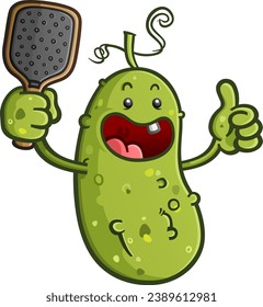 Baby dill pickle cartoon holding a pickleball paddle and ready to play a fun loving kid game of pickleball on a junior court giving a big thumbs up