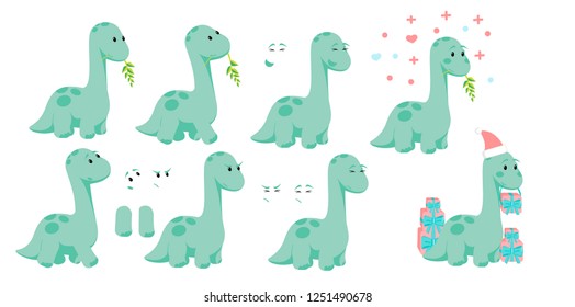 Baby dino diplodocus character design set with emotions and movement with Christmas and Valentines or love concepts for site, info graphic, video, animation, websites, e-mails, newsletter, promo