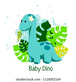 Baby Dino illustration in flat style with diplodocus, monstera leafs and water splashes for kids club or children event promo, poster, banner, logo, icon, birthday party invitation, photo frame, book