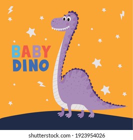 baby dino lettering and one kids illustration of a purple dinosaur vector illustration design