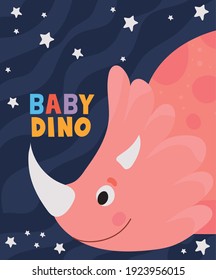 baby dino lettering and one kids illustration of a cute pink dinosaur vector illustration design