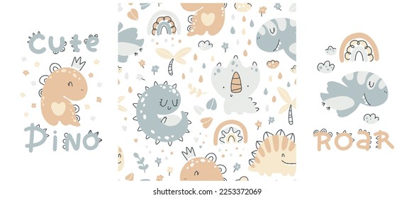 Baby dino print and seamless pattern set. Cute hand drawn dinosaur characters in a simple cartoon doodle style in a limited gender neutral palette. Ideal for fabric, textile, clothing printing