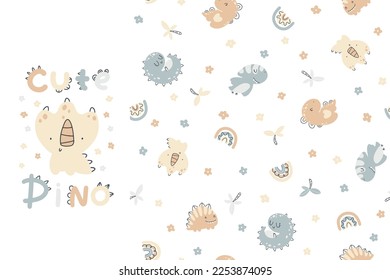 Baby dino print and seamless pattern set. Cute hand drawn dinosaur characters in a simple cartoon doodle style in a limited gender neutral palette. Ideal for fabric, textile, clothing printing