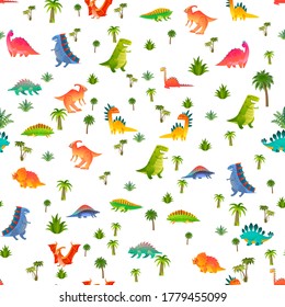 Baby dino seamless pattern. Animal dragon and cute nature dinosaur in jungle, childish bright reptile texture for nursery wallpaper, fabrics and wrapping paper, vector background isolated on white