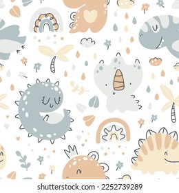 Baby dino seamless pattern. Cute hand drawn dinosaur characters in a simple cartoon doodle style in a limited gender neutral palette. Ideal for fabric printing, textiles, nursery wallpaper