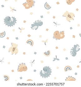 Baby dino seamless pattern. Cute hand drawn dinosaur characters in a simple cartoon doodle style in a limited gender neutral palette. Ideal for fabric printing, textiles, nursery wallpaper