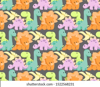 Baby Dino seampless pattern with vector cartoon brontosaurus, tyrannosaurus rex, stegosaurus, pterodactyl, tricaratops for dinosaurus party, pajama, textile, nursery event, kids apparel, fabric