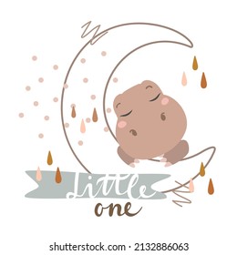 Baby dinosaur boho abstract elements. Cute dino vector illustration. Little sleeping dinosaur on the moon.