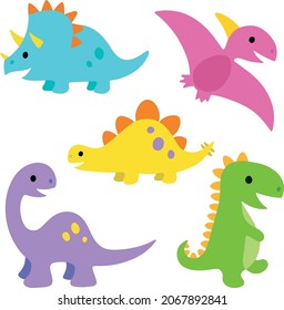 Juego de dibujos animados de dinosaurios para bebés. Brachiosaurus, Pterodactyl, Tyrannosaurus rex, Triceratops y Stegosaurus lindos y luminosos. Perfecto para cualquier proyecto o tema infantil. Ducha de bebé, animal 