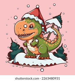 baby dinosaur with christmas hat vector