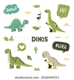 Bebé dinosaurio. Lindo adorable pequeño dinosaurio jurásico de la colección de dinosaurios divertido dinosaurio de juguete de los niños. Conjunto aislado vectorial