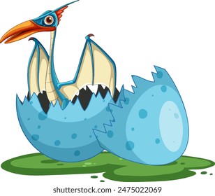 A baby dinosaur emerging from a blue egg