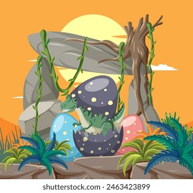 Baby dinosaur emerging from colorful eggs